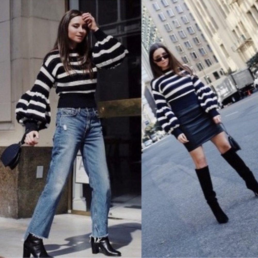 Self-Portrait Striped Balloon-Sleeve Cropped Knit Sweater in Navy Blue & White